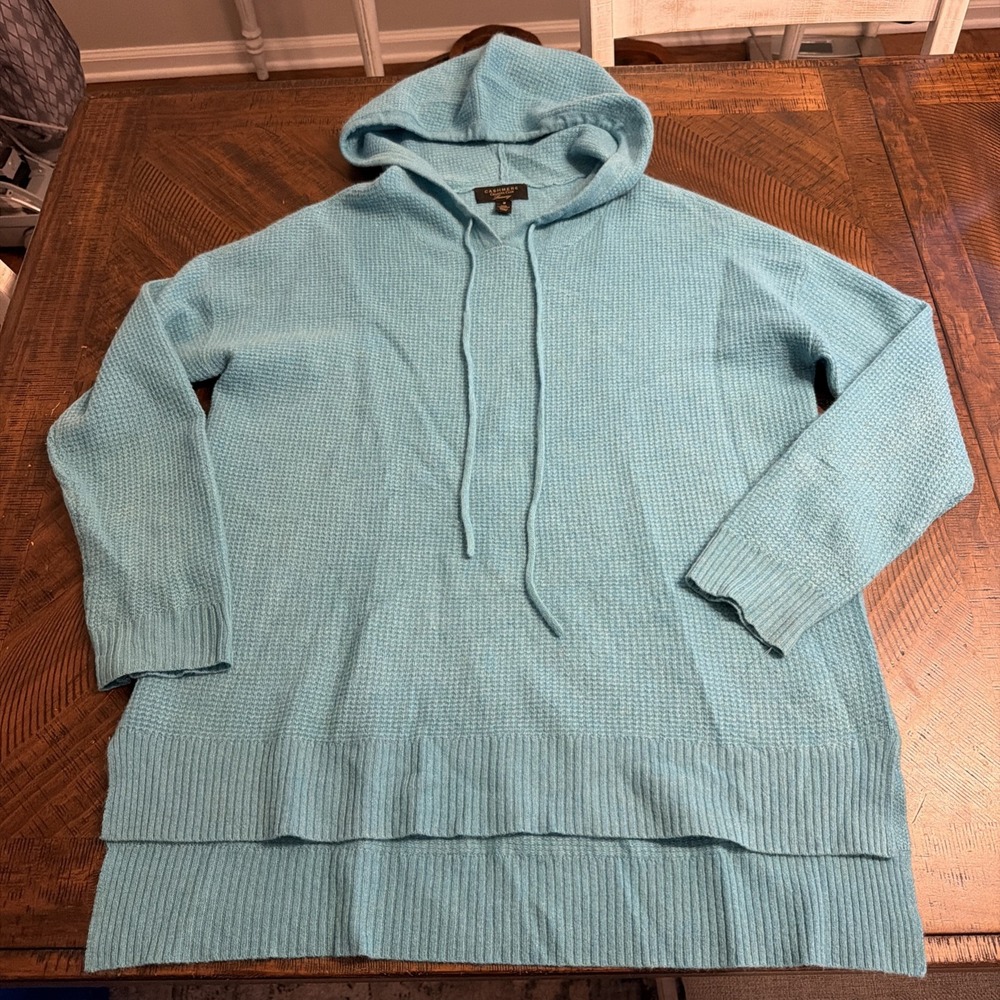 Cashmere Club Room Luxury Blue 100% Waffle Cashmere Sweater Large Hood Preppy
